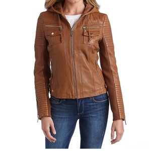 Michael Kors Camel Brown Hooded Leather Jacket New